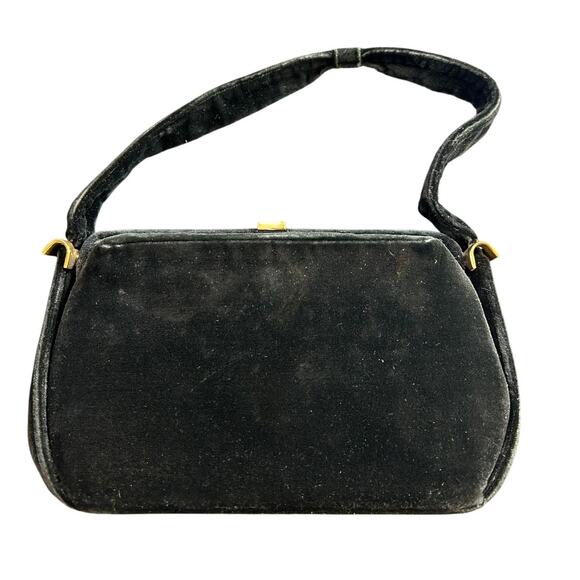 Vtg Crushed Velvet Bag- Black some wear- gold clasp- top handle evening bag - Picture 1 of 5